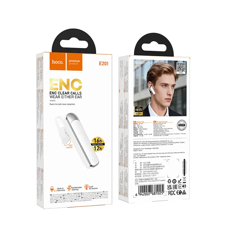 Handsfree Bluetooth HOCO E201, Wit