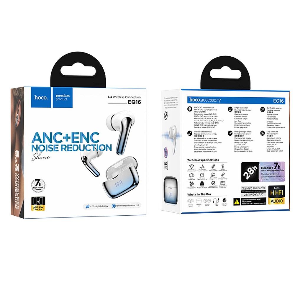 Bluetooth Handsfree HOCO EQ16, TWS, ANC, Blauw 