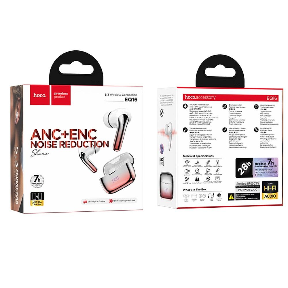 Bluetooth Handsfree HOCO EQ16, TWS, ANC, Rood 