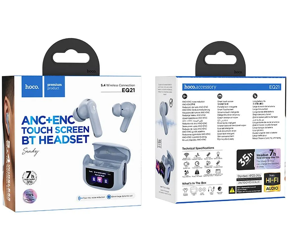 Handsfree Bluetooth HOCO EQ21, TWS, ANC, Blauw