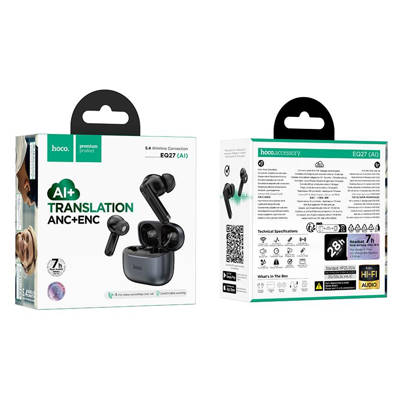 Kit mains libres Bluetooth HOCO EQ27 AI Translation, TWS, ANC, Gris