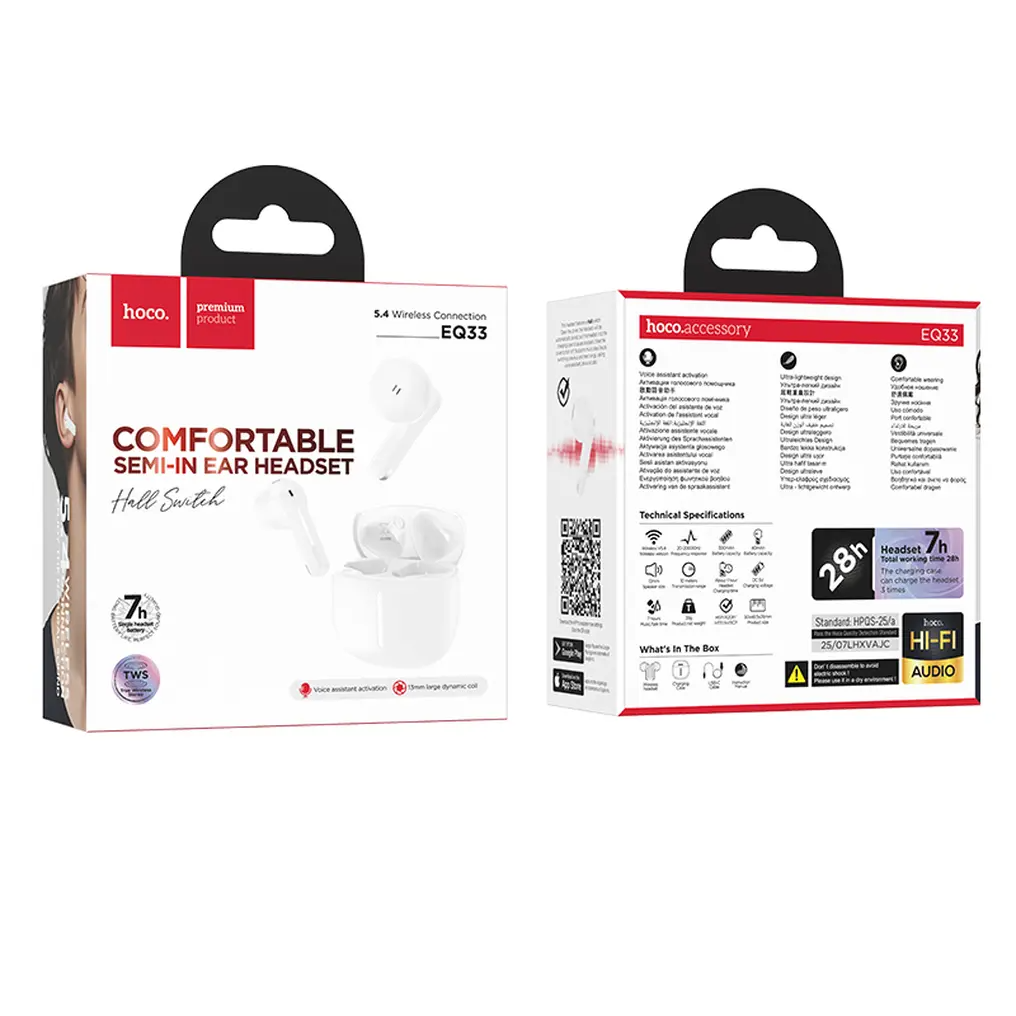 Kit mains libres Bluetooth HOCO EQ33, TWS, Blanc