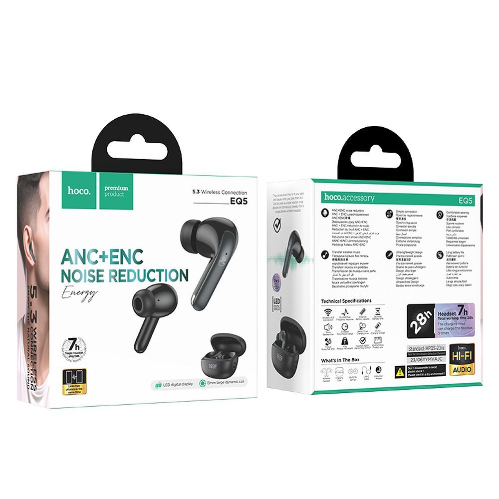 Handenvrije Bluetooth HOCO EQ5, TWS, ANC, Zwart 