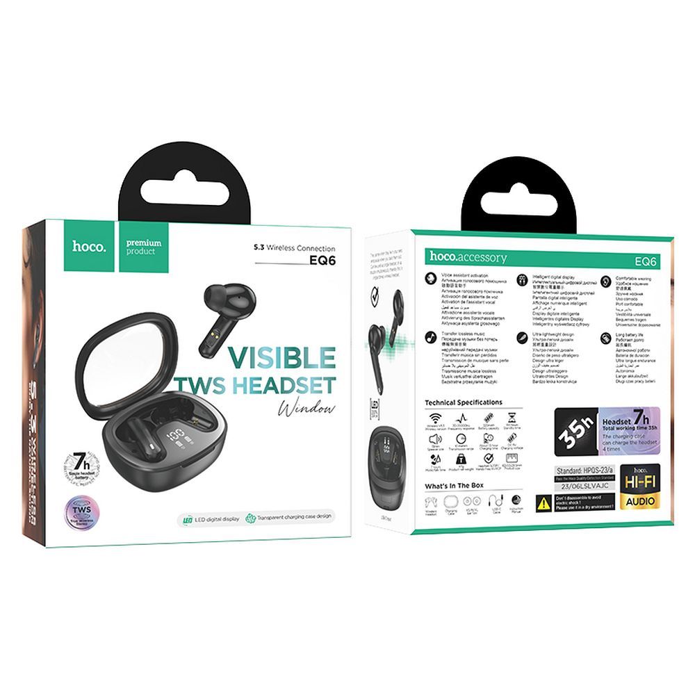 Kit mains libres Bluetooth HOCO Shadow EQ6, TWS, noir 