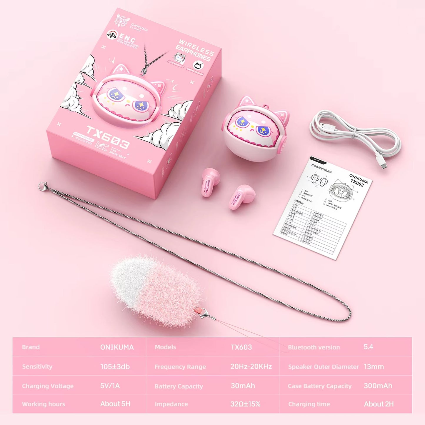 Bluetooth-Headset Onikuma TX603, TWS, Rosa
