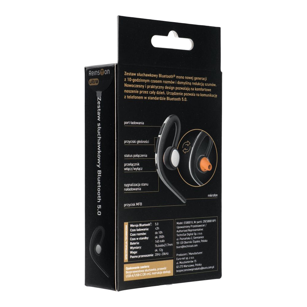 Bluetooth-Freisprecheinrichtung Reinston ESB001X, MultiPoint, A2DP, Schwarz