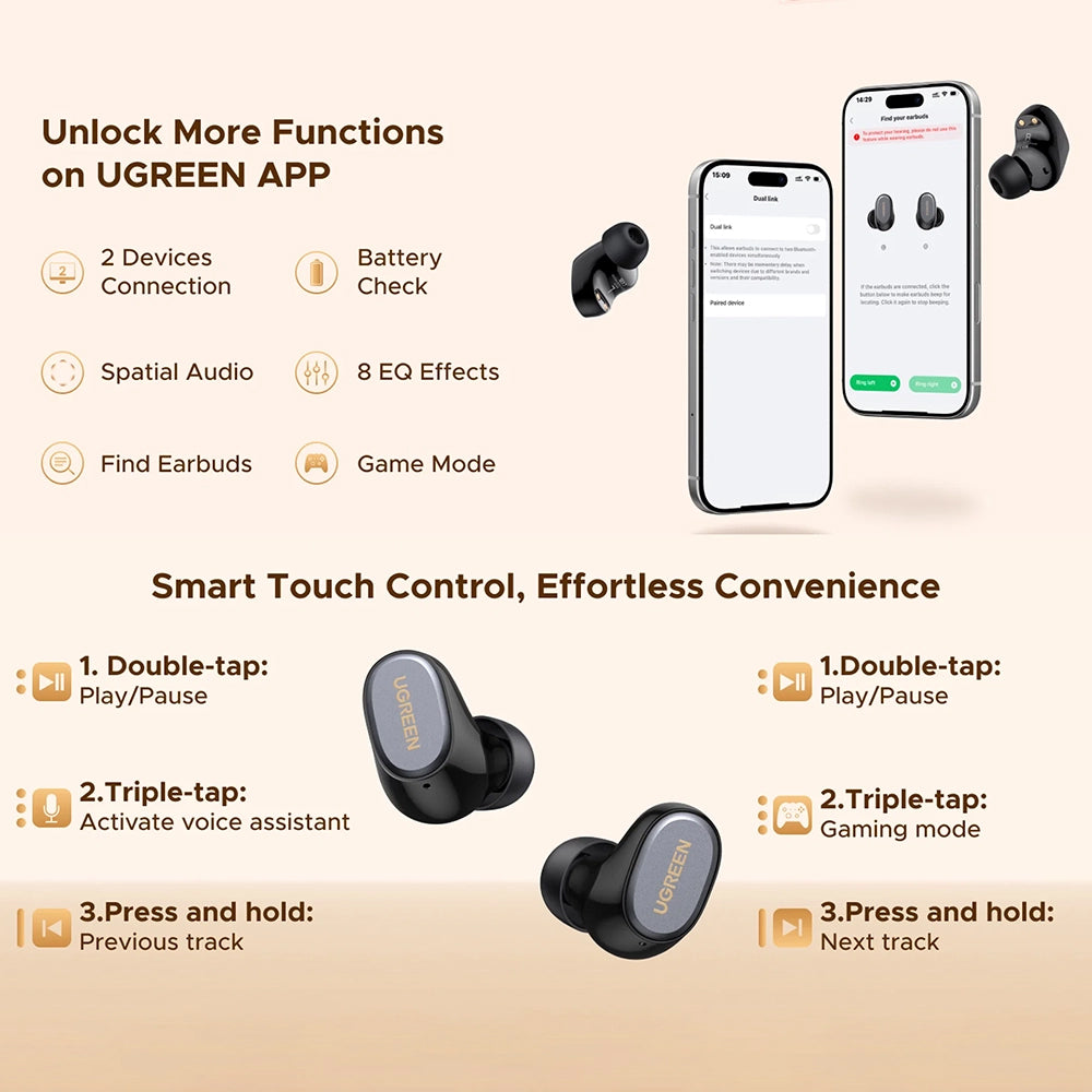 Freisprecheinrichtung Bluetooth UGREEN Dots (75628), TWS, MultiPoint, Schwarz