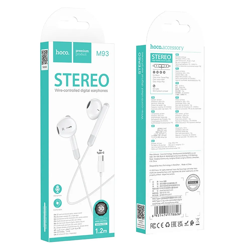Handsfree USB-C HOCO M93, Wit