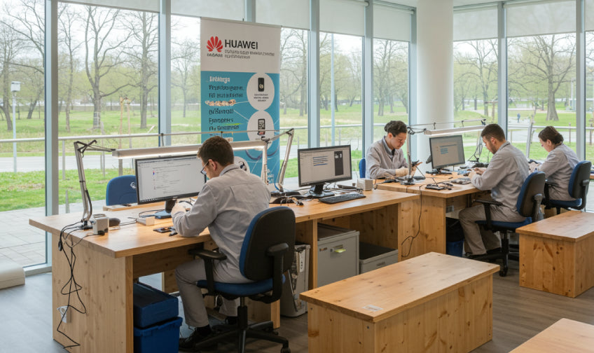 Huawei reparatieruimte met een ecologisch bericht