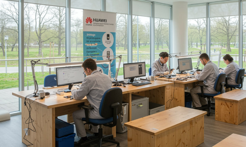 Huawei reparatieruimte met een ecologisch bericht