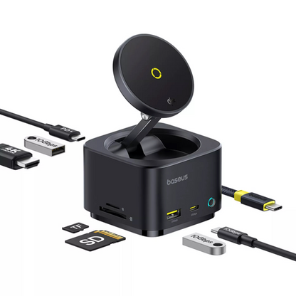 Multifunktionaler Hub Baseus MagPro II 7in1, 1 x USB-A - 2 x USB-C - 1 x HDMI - 1 x QI - 1 x SD - 1 x microSD, Schwarz Neu versiegelt B00072900121-00