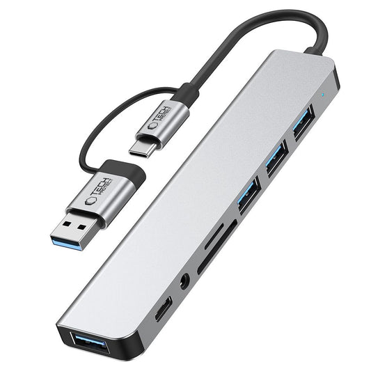 Hub USB / USB-C Tech-Protect HB06, 2 x USB-A 3.0 - 2 x USB-A - 1 x USB-C - 1 x Jack 3.5mm - 1 x SD - 1 x microSD, Gris