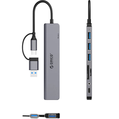 Hub USB / USB-C Orico YSA8-U3, 1 x USB-A 3.0 - 3 x USB-A - 1 x USB-C - 1 x Jack 3.5mm - 1 x SD - 1 x microSD, Zwart