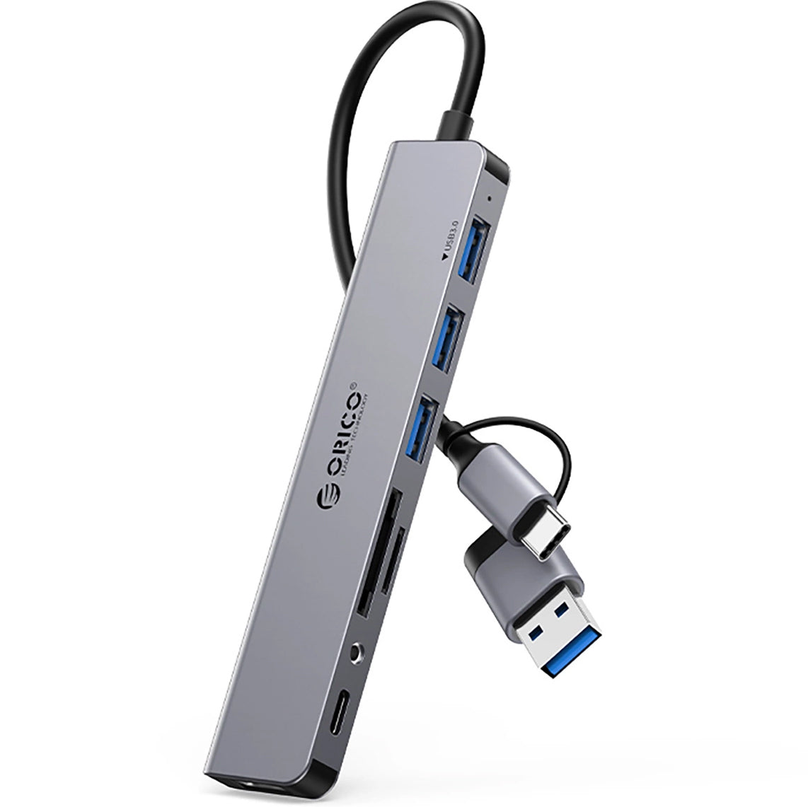 Hub USB / USB-C Orico YSA8-U3, 1 x USB-A 3.0 - 3 x USB-A - 1 x USB-C - 1 x Jack 3.5mm - 1 x SD - 1 x microSD, Zwart