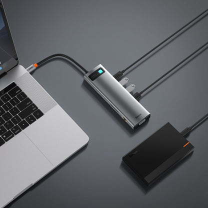Hub USB-C Baseus Metal Gleam, 3 x USB-A 3.0 - 1 x USB-C - 2 x HDMI - 1 x VGA - 1 x Klinkenstecker 3,5 mm - 1 x RJ45 - 1 x SD - 1 x microSD, Grau CAHUB-CT0G