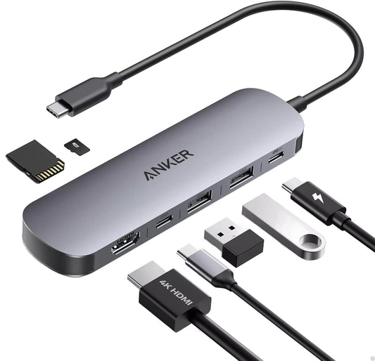 Hub USB-C Anker, 2 x USB-A 3.0 - 2 x USB-C - 1 x HDMI - 1 x SD - 1 x microSD, Grijs A83D2HA1