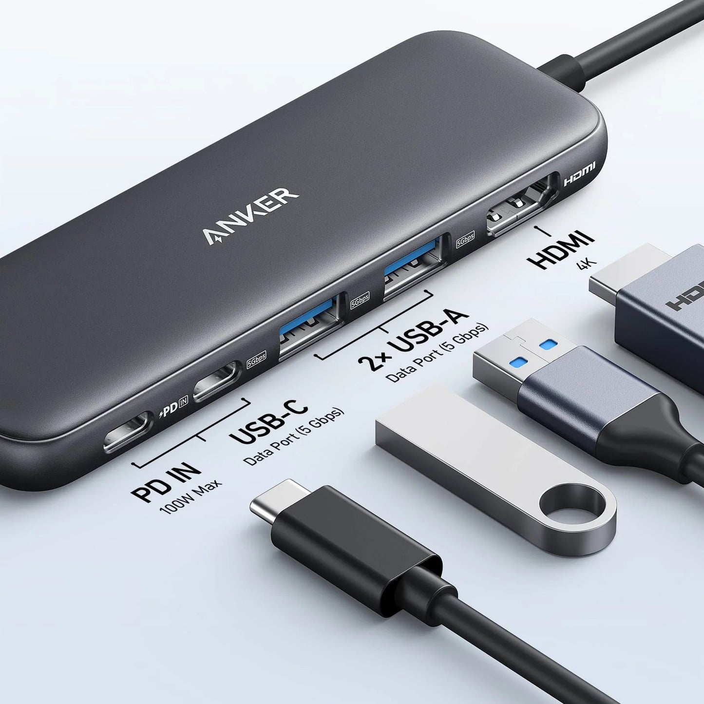 Hub USB-C Anker 332, 2 x USB-A - 2 x USB-C - 1 x HDMI, Gris A8355H11