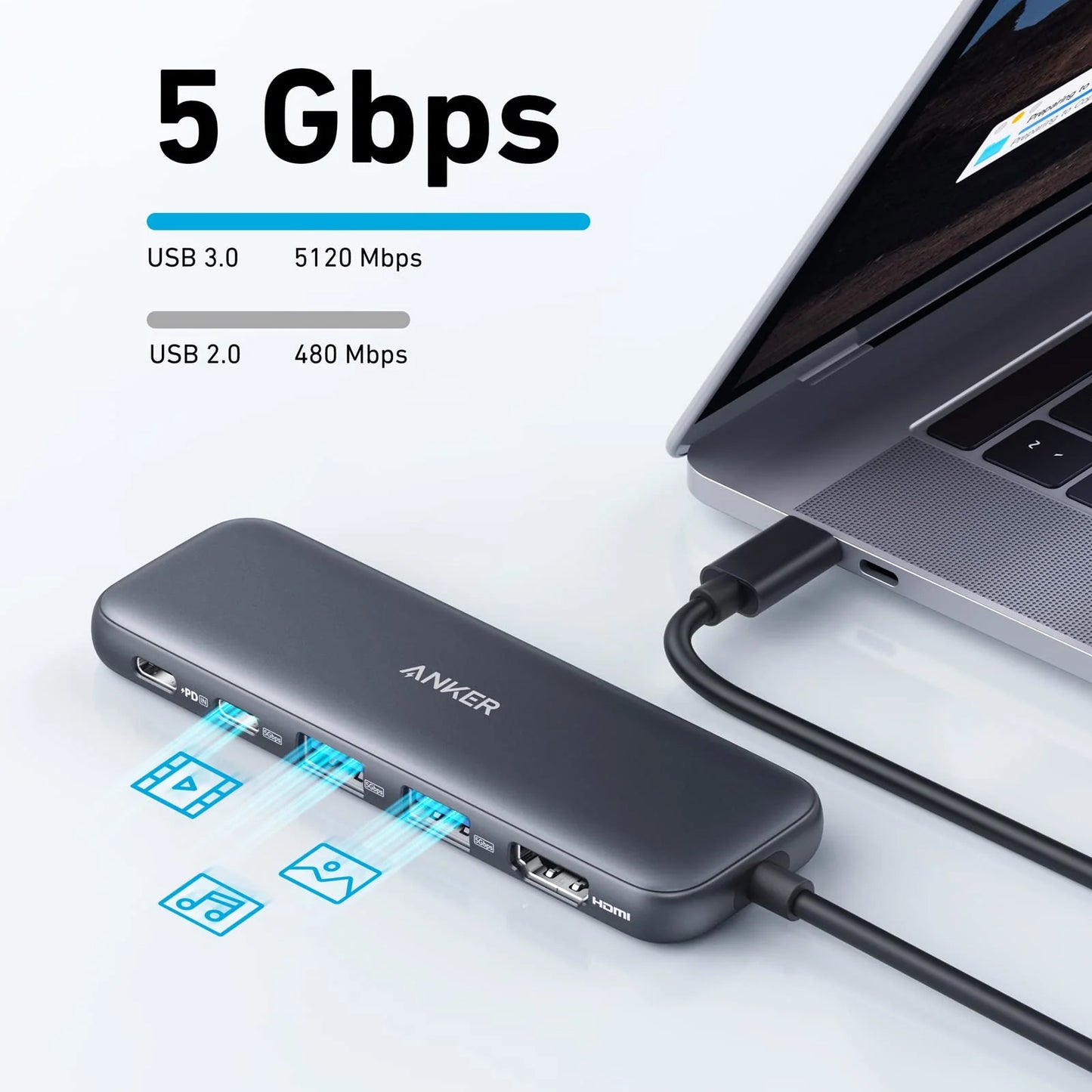 Hub USB-C Anker 332, 2 x USB-A - 2 x USB-C - 1 x HDMI, Gris A8355H11