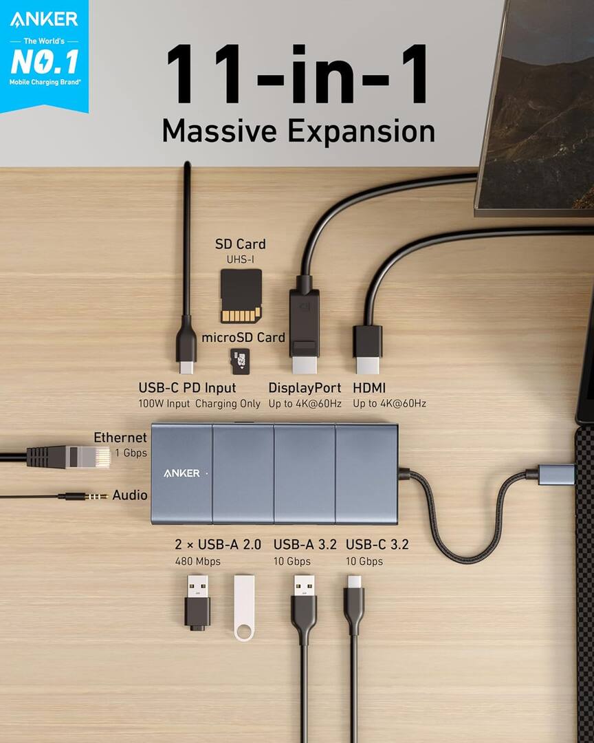 USB-C Hub Anker PowerExpand, 1 x USB-A 3.2 - 2 x USB-A - 2 x USB-C - 1 x DisplayPort - 1 x HDMI - 1 x 3,5 mm Klinke - 1 x RJ45 - 1 x SD - 1 x microSD, Grau