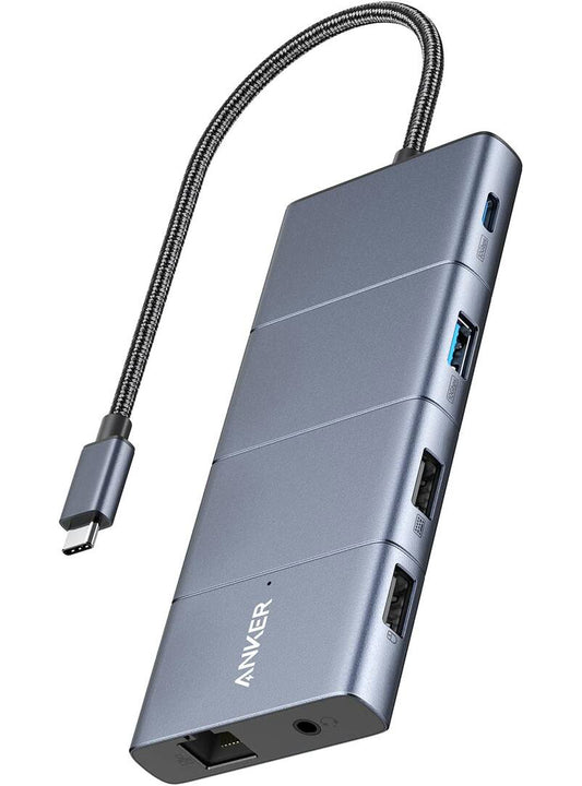 Anker PowerExpand USB-C Hub, 1 x USB-A 3.2 - 2 x USB-A - 2 x USB-C - 1 x Display Port - 1 x HDMI - 1 x 3.5mm Jack - 1 x RJ45 - 1 x SD - 1 x microSD, Gray