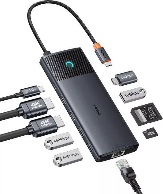 Hub USB-C Baseus Dual Display, 1 x USB-A 3.0 - 2 x USB-A - 2 x USB-C - 2 x HDMI - 1 x RJ45 - 1 x SD - 1 x microSD, Zwart B00061800123-01