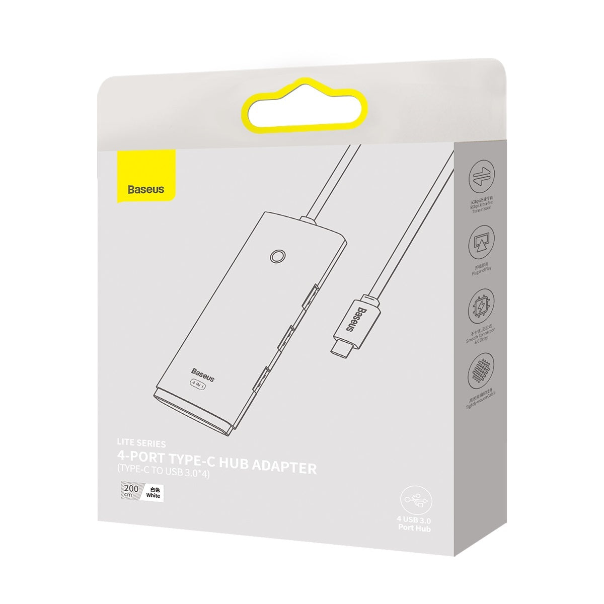 USB-C Hub Baseus Lite, 4 x USB-A 3.2, 2m, Wit