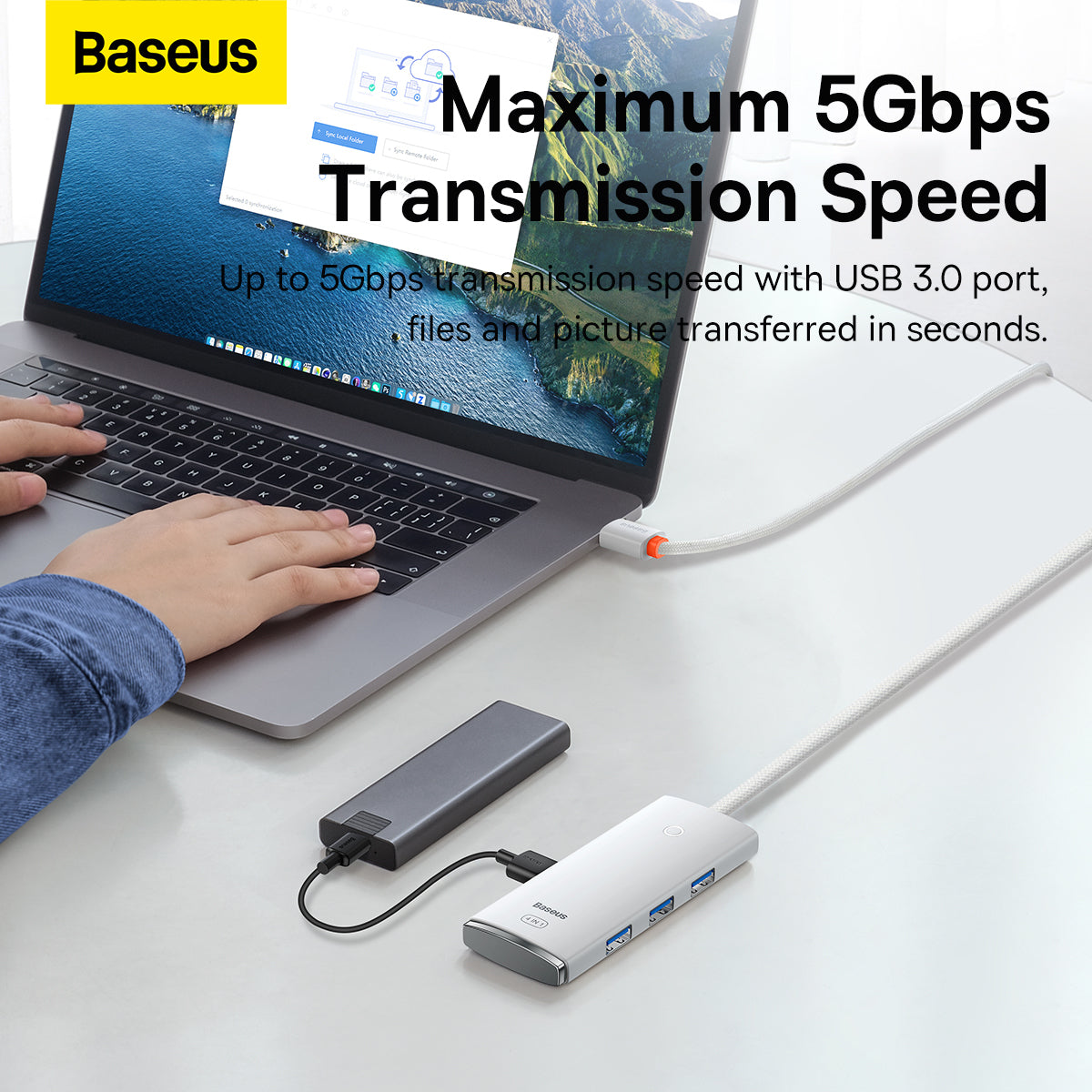 USB-C Hub Baseus Lite, 4 x USB-A 3.2, 2m, Wit