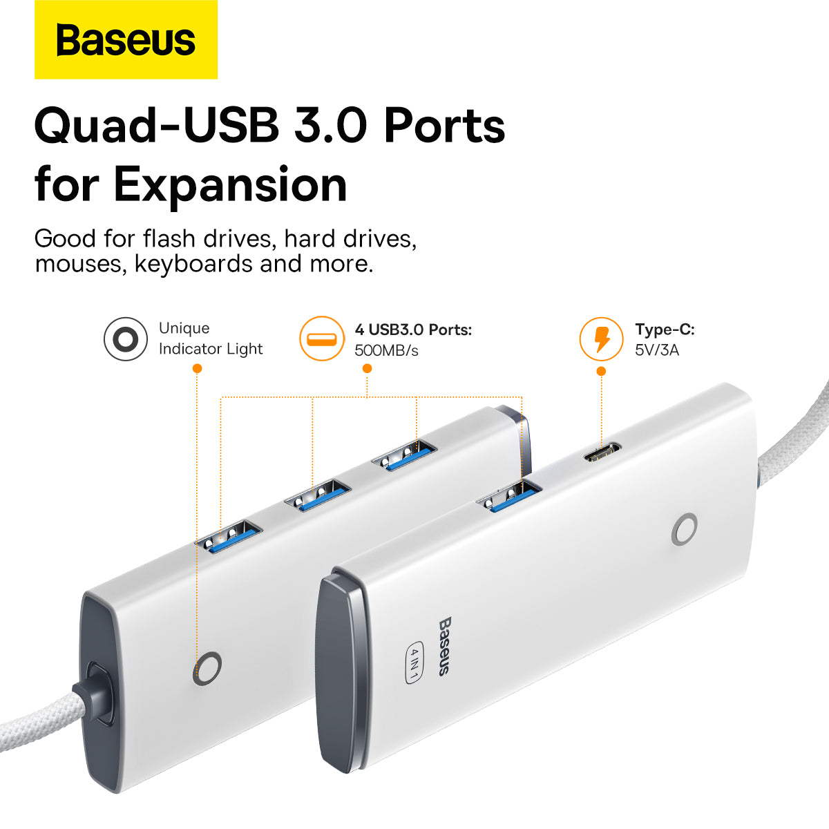 USB-C Hub Baseus Lite, 4 x USB-A 3.2, 2m, Wit