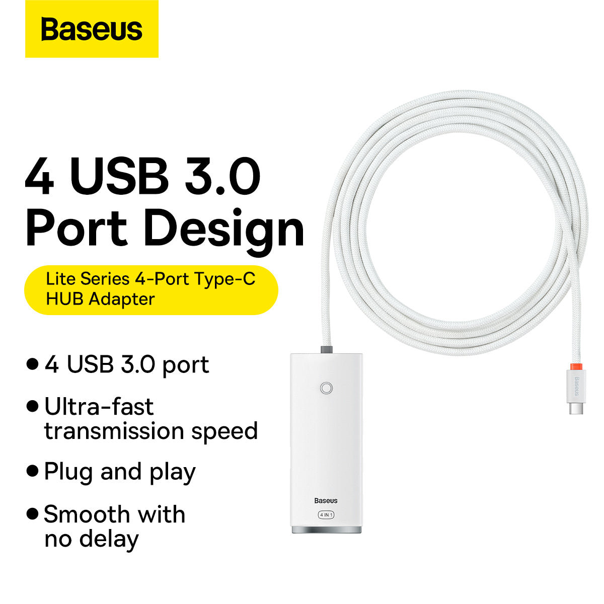 USB-C Hub Baseus Lite, 4 x USB-A 3.2, 2m, Wit