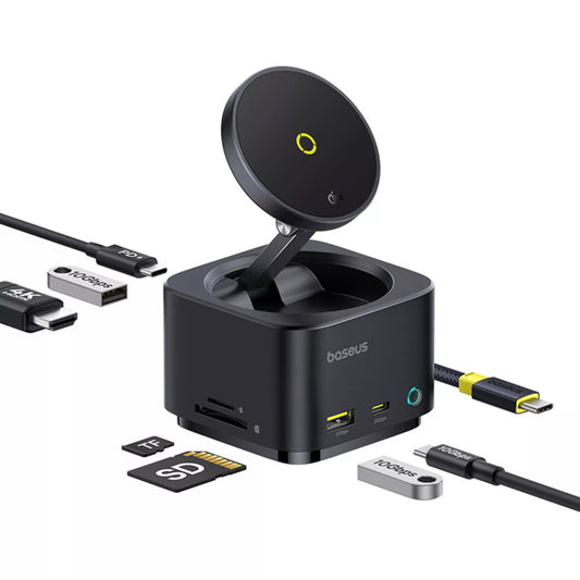 Hub USB-C Baseus MagPro II 7in1, 1 x USB-A - 2 x USB-C - 1 x HDMI - 1 x QI - 1 x SD - 1 x microSD, Schwarz B00072900121-00