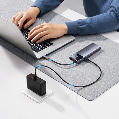 USB-C Hub Baseus Metal Gleam II, 2 x USB-C - 3 x USB-A - 1 x HDMI - 1 x 3,5 mm aansluiting - 1 x RJ45 - 1 x SD - 1 x microSD, Grijs