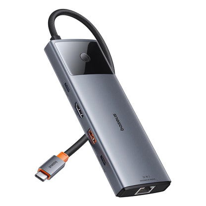 USB-C Hub Baseus Metal Gleam II, 2 x USB-C - 3 x USB-A - 1 x HDMI - 1 x 3,5 mm aansluiting - 1 x RJ45 - 1 x SD - 1 x microSD, Grijs