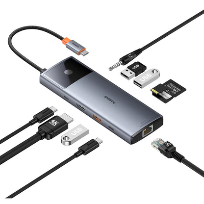 USB-C Hub Baseus Metal Gleam II, 2 x USB-C - 3 x USB-A - 1 x HDMI - 1 x 3,5 mm aansluiting - 1 x RJ45 - 1 x SD - 1 x microSD, Grijs