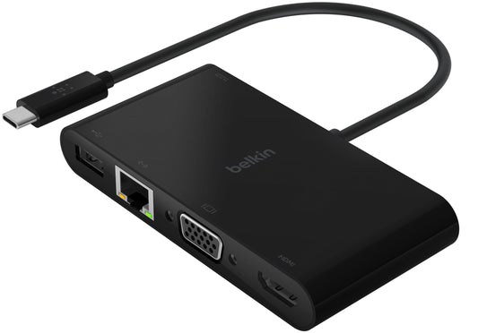USB-C Hub Belkin Connect, 1 x USB-A 3.0 - 1 x USB-C - 1 x HDMI - 1 x VGA - 1 x RJ45, Schwarz AVC004btBK