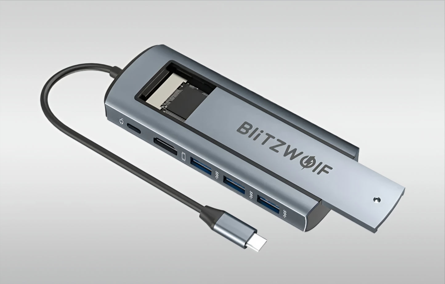 Hub USB-C BlitzWolf BW-Neo TH13, 3 x USB-A 3.0 - 1 x USB-C - 1 x Display Port - 1 x Interface SSD, Gris
