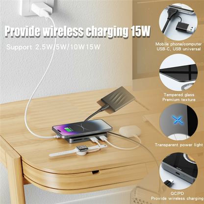 Hub USB-C avec Charge Sans Fil QI OEM YC7209, 10 en 1, Gris