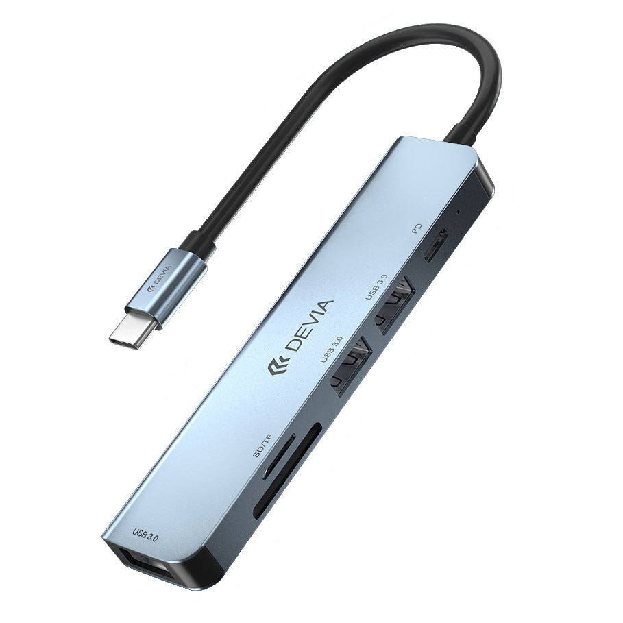 USB-C Hub DEVIA EC135, 3 x USB-A 3.0 - 1 x USB-C - 1 x SD - 1 x microSD, Grijs