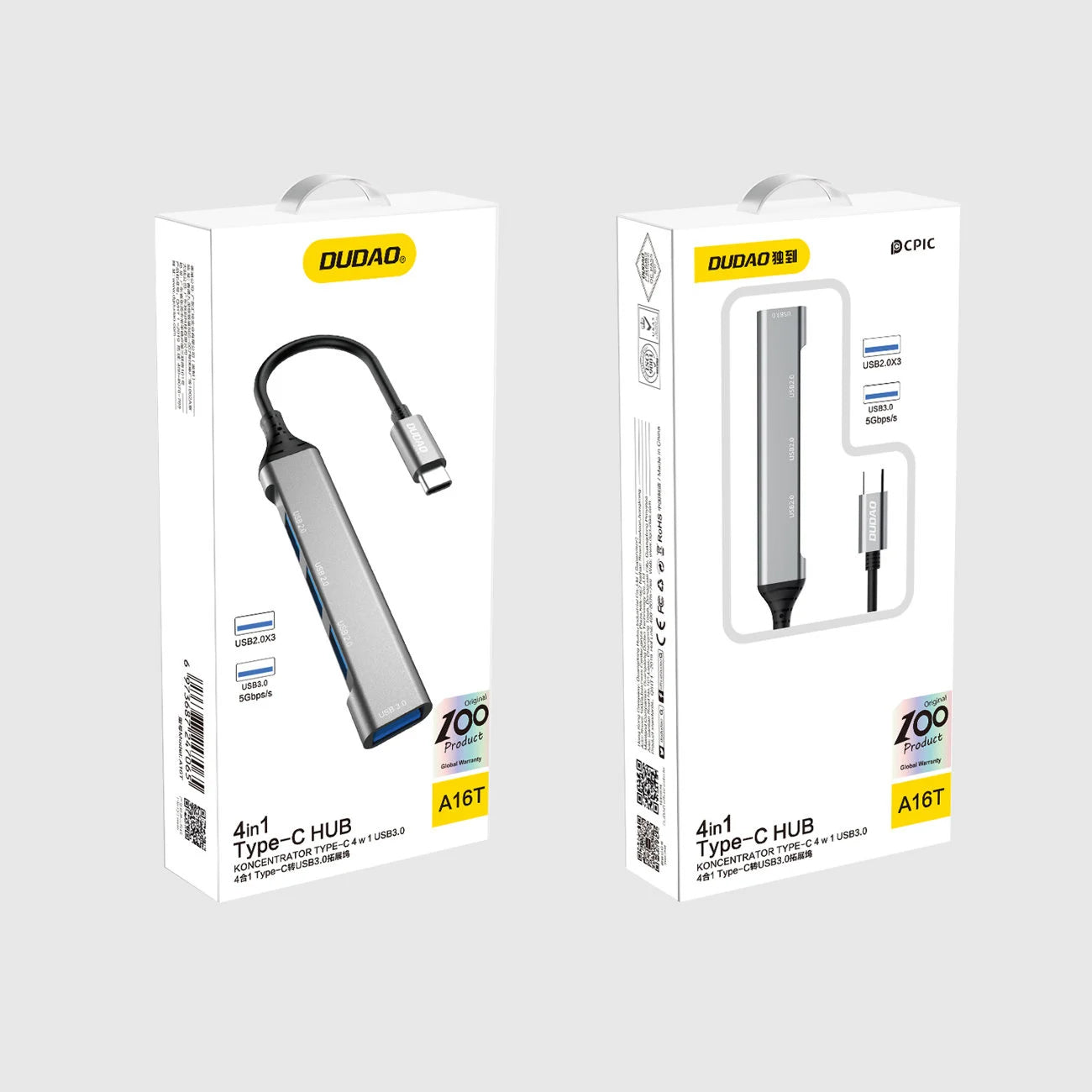 Hub USB-C Dudao A16T, 1 x USB-A 3.0 - 3 x USB-A, Schwarz