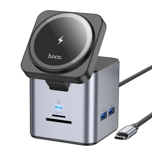 Hub USB-C HOCO HB49, 3 x USB-A 3.0 - 1 x USB-C - 1 x HDMI - 1 x RJ45 - 1 x QI - 1 x SD - 1 x microSD, Gris 