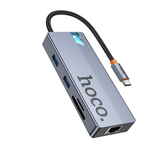 USB-C Hub HOCO HB52, 2 x USB-A 3.0 - 2 x USB-C - 1 x HDMI - 1 x RJ45 - 1 x SD - 1 x microSD, Grijs