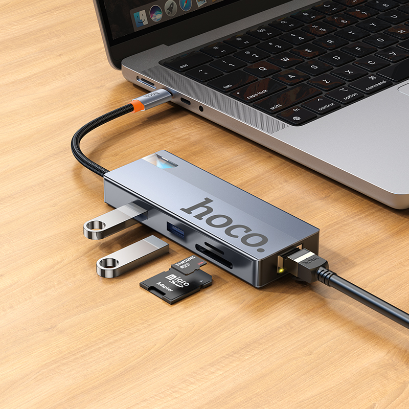 USB-C Hub HOCO HB52, 2 x USB-A 3.0 - 2 x USB-C - 1 x HDMI - 1 x RJ45 - 1 x SD - 1 x microSD, Grau