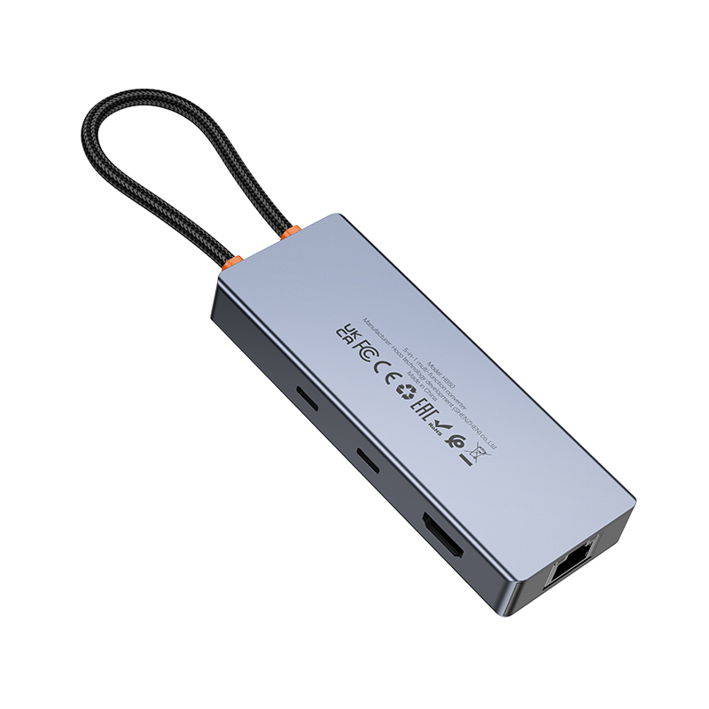USB-C Hub HOCO HB52, 2 x USB-A 3.0 - 2 x USB-C - 1 x HDMI - 1 x RJ45 - 1 x SD - 1 x microSD, Grau