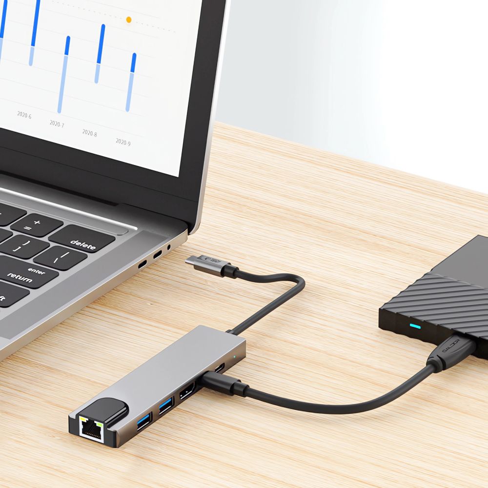 Tech-Protect HB02 USB-C Hub, 1 x USB-A 3.0 - 1 x USB-A - 2 x USB-C - 1 x HDMI - 1 x RJ45, Gray