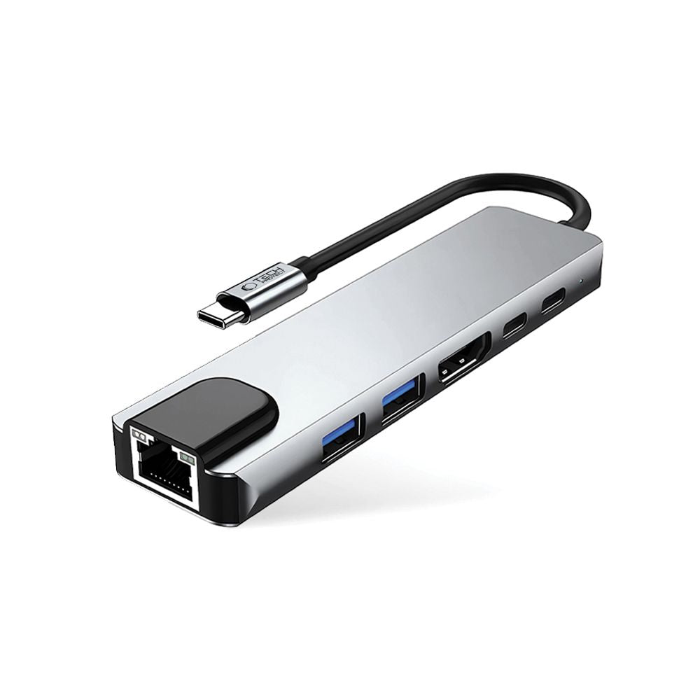 Tech-Protect HB02 USB-C Hub, 1 x USB-A 3.0 - 1 x USB-A - 2 x USB-C - 1 x HDMI - 1 x RJ45, Gray