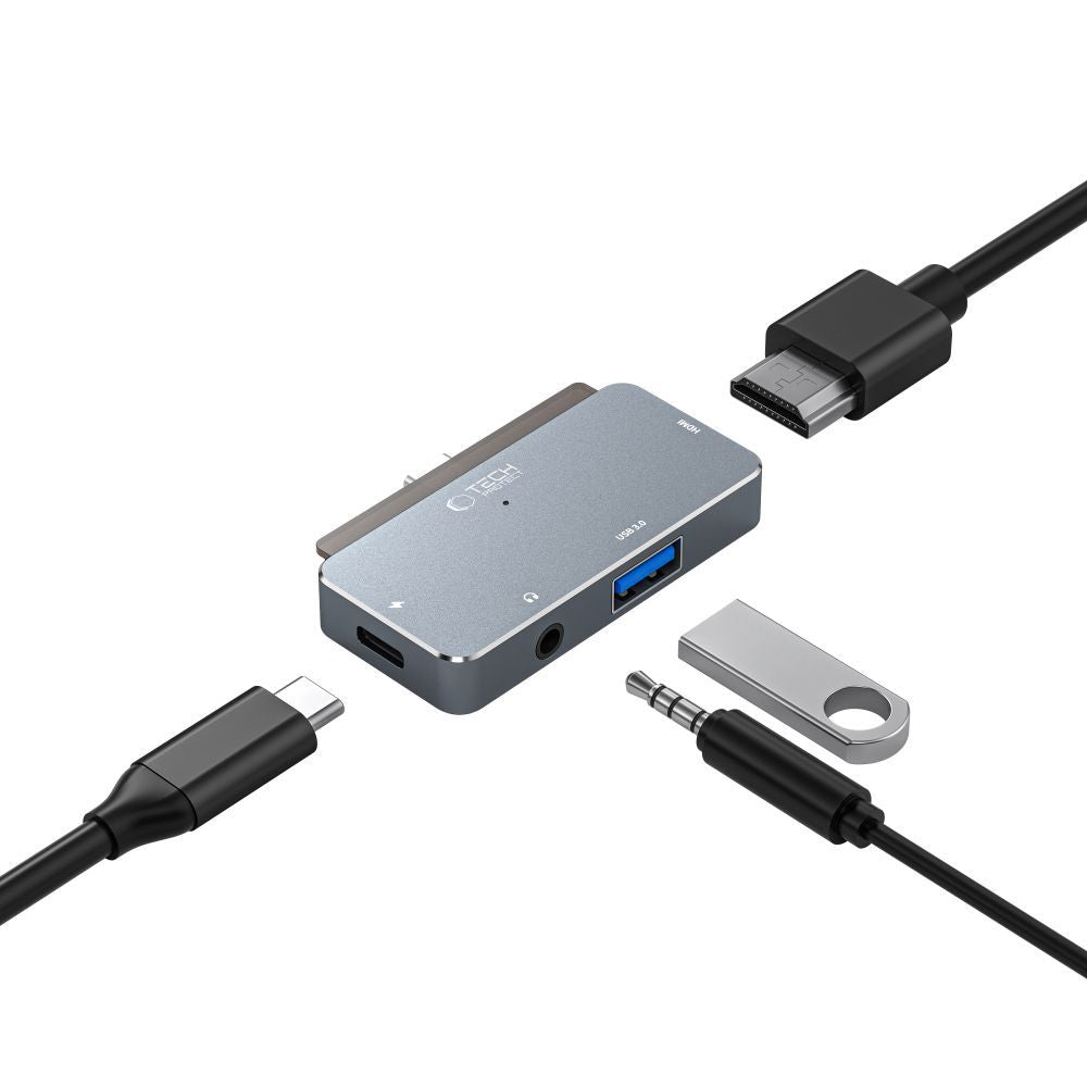 Hub USB-C Tech-Protect V6, 1 x USB-A - 1 x USB-C - 1 x HDMI - 1 x jack 3,5 mm, Gris 