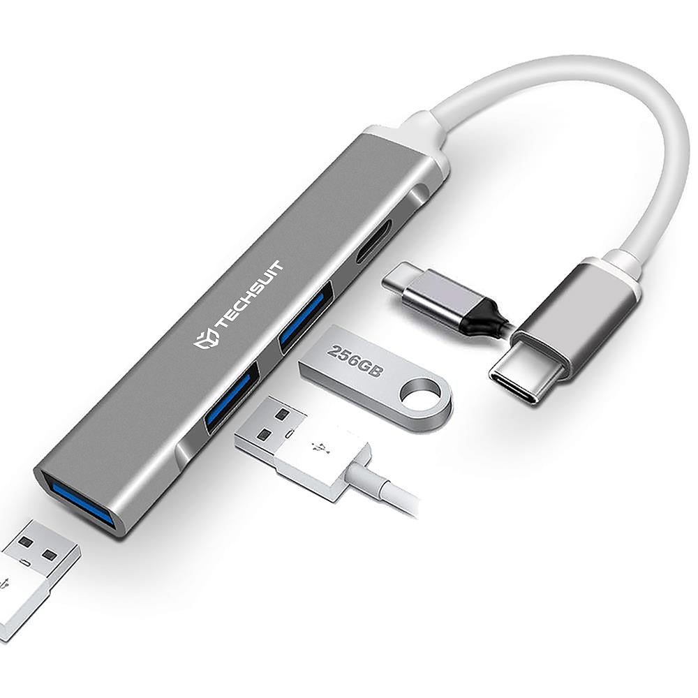 Hub USB-C Techsuit H18 PolarisBridge, 4en1, Gris Blanc