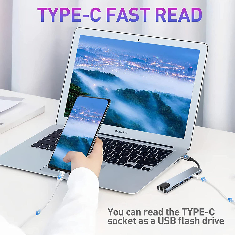 Hub USB-C Techsuit H2 NetBridge, 8en1, Gris