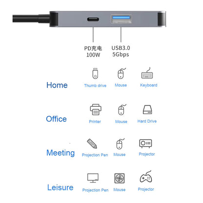 Hub USB-C Techsuit H4 TurboChargeX, 3 en 1, Gris