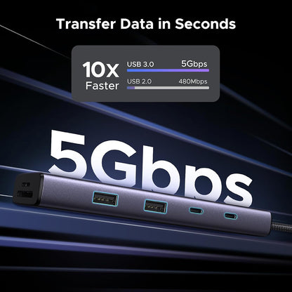 Hub USB-C UGREEN CM498 (15375), 2 x USB-A - 3 x USB-C - 1 x HDMI - 1 x RJ45 - 1 x SD - 1 x microSD, Gris