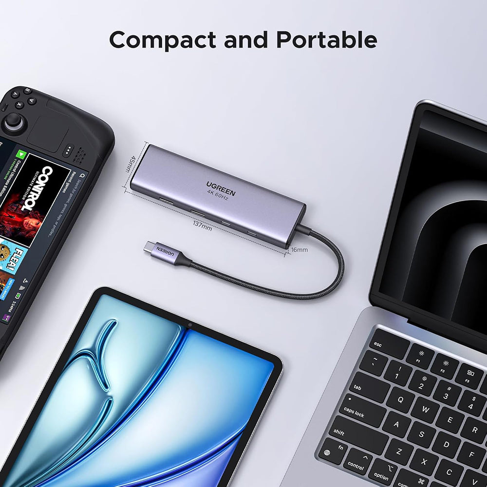 Hub USB-C UGREEN CM498 (15375), 2 x USB-A - 3 x USB-C - 1 x HDMI - 1 x RJ45 - 1 x SD - 1 x microSD, Gris